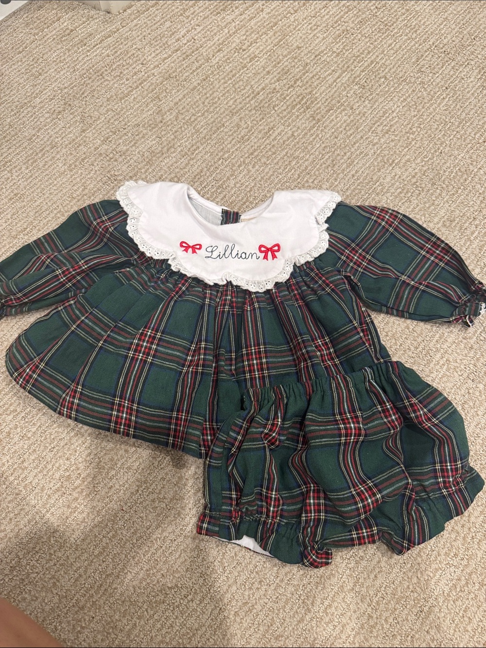 Christmas 6MGreen Plaid Baby Dress with White Lace Collar - 'Lillian' Embroidery